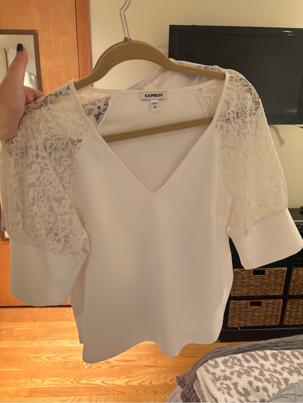 Express White V-Neck Lace Sleeve Blouse